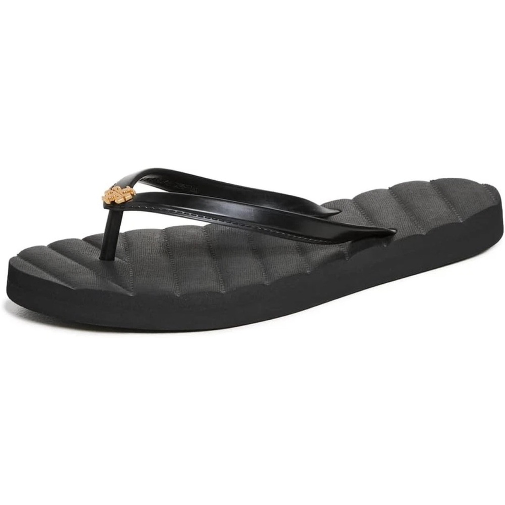 Tory Burch Kira Flip Flops Thong Sandal Flats Perfect Black & Gold Womens 6